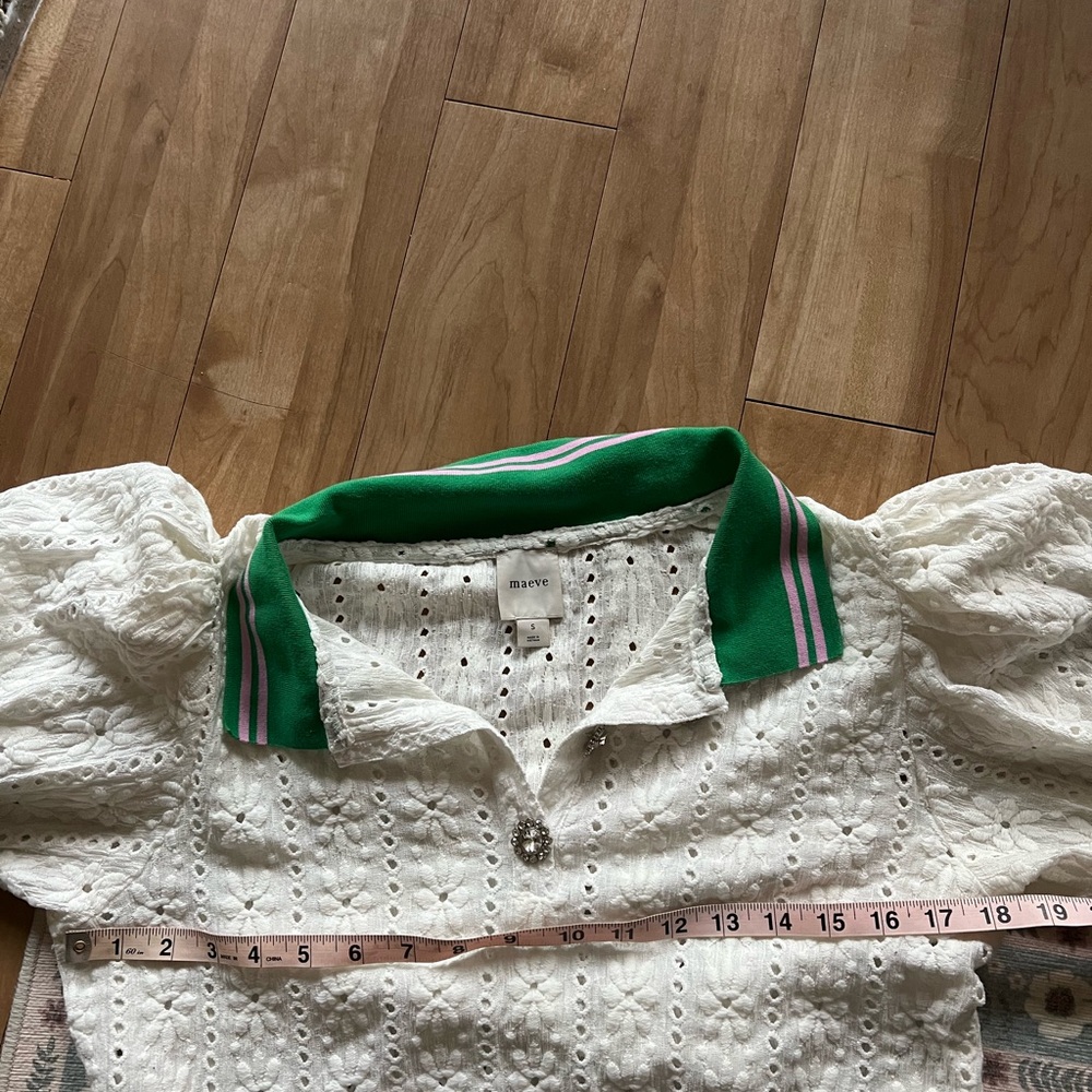 Maeve White Eyelet Polo Top with Green Trim - Picture 4 of 6